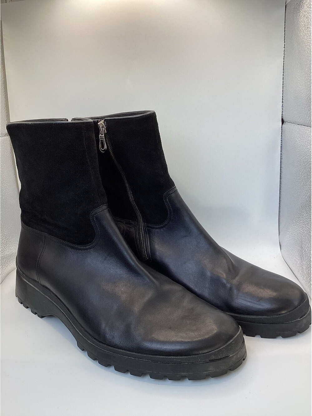 Bally Primer-fur Black Leather Suede Lug Sole Zip Boots Size 10.5 Men’s